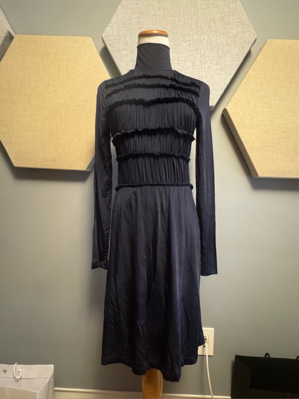 Ulla Johnson navy Long-Sleeve jersey gathered front dress